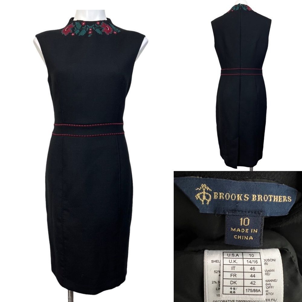 Brooks Brothers size 10 black floral embroidered sleeveless sheath dress
